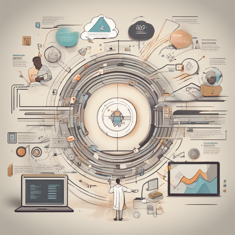 A hand-drawn digital illustration, Artstation HQ, showcasing the dynamic journey of learning and development in the IT career path, filled with symbols of codes, digital books, and abstract representations of online courses, seminars, and tech conferences, aimed at inspiring viewers to embark on their own path of continuous learning, digital art.