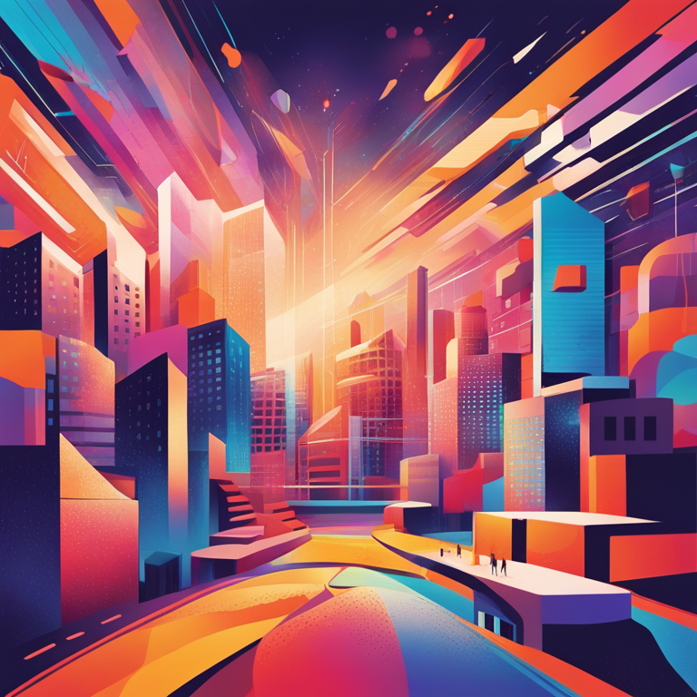 A hand-drawn digital illustration, Artstation HQ, capturing the essence of a successful career in IT with vibrant, energetic colors, abstract shapes intersecting with digital landscapes, symbolizing the dynamic and evolving nature of the IT industry, a beacon for innovation and creativity, digital art.