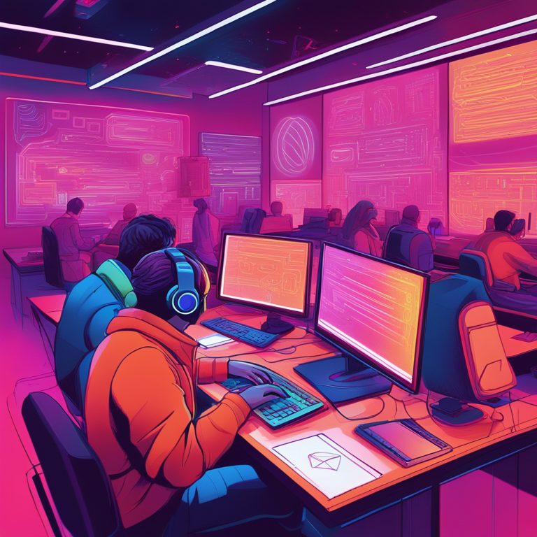 A vivid, hand-drawn digital illustration, created at Artstation HQ, vividly portraying the revolutionary essence of new programming languages. The scene is illuminated with dynamic, neon hues symbolizing innovation, juxtaposed with digital landscapes representing future technologies, tailored for the imaginative reader of a high-tech magazine, digital art.