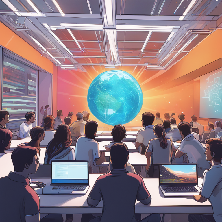 A hand-drawn digital illustration, Artstation HQ, capturing the vibrant essence of innovative learning environments in programming. It showcases a diverse group of programmers gathered around a holographic projection of code, engaging in collaborative learning. The scene is set against a backdrop of virtual reality interfaces and open-source platforms, symbolizing the evolution of educational tools and community-driven development, digital art.