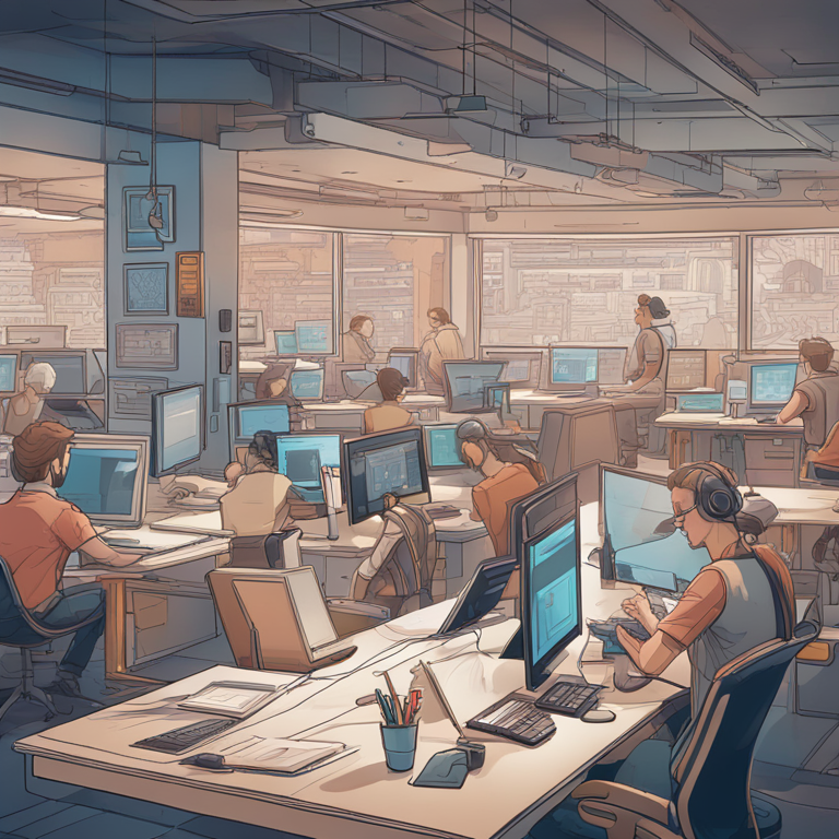 A hand-drawn digital illustration, Artstation HQ, dynamically showcasing the practical application of programming skills in various industries, featuring a fusion of code snippets and real-world problem-solving scenarios, digital art seamlessly blending abstract concepts with tangible outcomes.