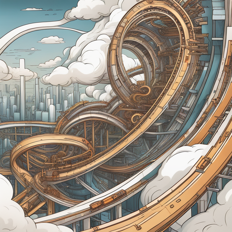 A hand-drawn digital illustration, Artstation HQ, encapsulating the rollercoaster journey of automation in the DevOps era, with swirling lines of code and ethereal machinery parts floating amongst clouds, symbolizing the constant ups and downs, challenges and triumphs. This art piece resonates with the theme of transformation and resilience, drawing parallels to the unpredictable yet exhilarating path of software development's evolution, imagined in a surreal digital art style.
