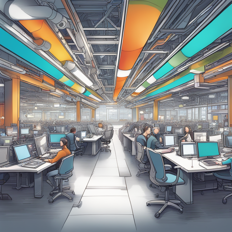 A hand-drawn digital illustration, Artstation HQ, capturing the essence of DevOps and automation in development with a mix of abstract and vividly detailed elements, symbolizing the fusion of creativity and precision. Imagine a landscape where technology and human ingenuity merge in a symphony of colors and code, providing a gateway into the realm of enhanced productivity and innovation, perfectly suited for a high-impact digital art piece in the style of futuristic visions.