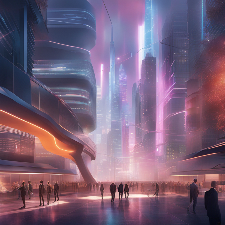 An imaginative digital scene, vivid, Artstation HQ, portraying the dynamic interaction between soft skills and technical expertise in the IT world. Picture a futuristic cityscape where human qualities merge with digital prowess, embodying the synergy between hard and soft skills, designed for an immersive tech magazine spread.