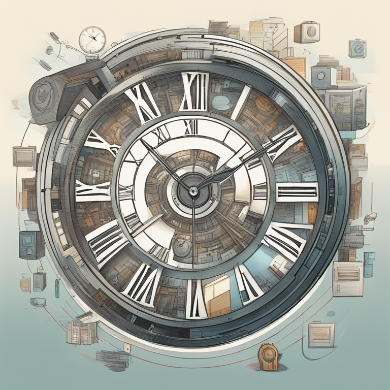 A hand-drawn digital illustration, Artstation HQ, representing the dynamic and often chaotic nature of time management in the IT profession. Visualizing a clock intertwined with code snippets and digital elements, symbolizing the blend of organization and creativity needed to master this skill, designed for an inspiring tech magazine view.