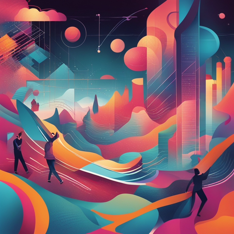 A mesmerizing hand-drawn digital illustration, Artstation HQ, capturing the journey of an IT professional as they navigate the world of soft skills. Picture a vibrant, abstract landscape where digital elements and human characteristics intertwine in a dance of colors and shapes, symbolizing the vibrant journey towards harmony between technical prowess and interpersonal skills, designed for an evocative tech magazine conclusion.