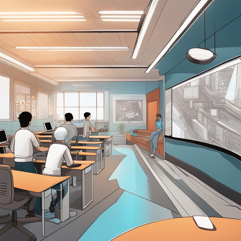 A hand-drawn digital illustration, Artstation HQ, capturing the dynamic interplay between technology and education, where futuristic classrooms and virtual reality learning spaces come to life, designed to inspire and captivate the reader's imagination, digital art.