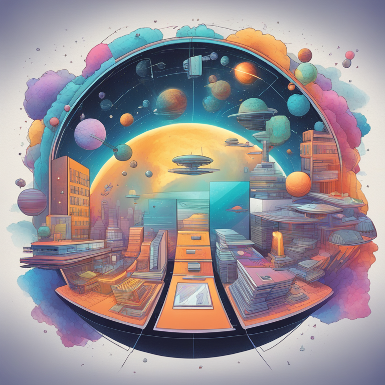 A hand-drawn digital illustration, Artstation HQ, depicting the conceptual voyage of humanity through the galaxy of global IT trends, with abstract representations of AI, blockchain, and futuristic education methods, envisioned with vivid, surreal colors and a touch of humor, designed to stimulate the imagination and enhance SEO, digital art.