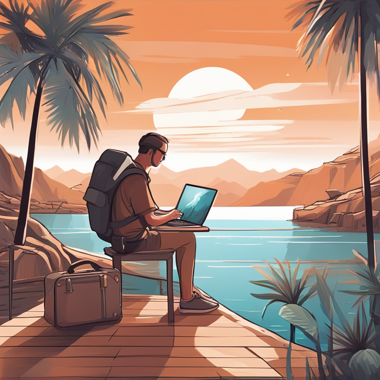 A hand-drawn digital illustration, Artstation HQ, vividly depicting the lifestyle of a Digital Nomad working in a remote, exotic location, surrounded by nature and technology, bridging the gap between modern IT tools and the freedom of travel. This artwork aims to capture the dynamic essence of balancing work and leisure in stunning, abstract visuals that resonate with the spirit of adventure and digital innovation.