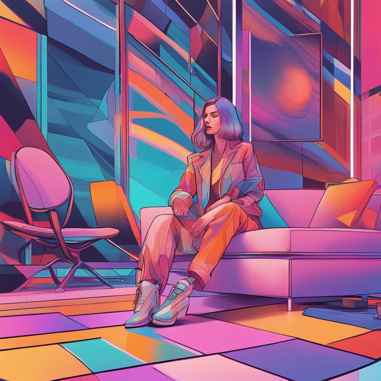 A hand-drawn digital illustration, Artstation HQ, capturing the essence of Digital Nomad и IT in abstract, designed for a fashion magazine publication, vivid with technicolor dreamscape, blending remote, digital work lifestyle with futuristic, yet profoundly personal artistry, visual narrative stirring curiosity.