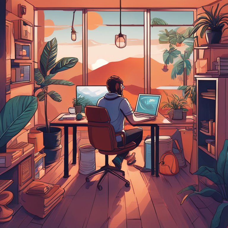 A hand-drawn digital illustration, Artstation HQ, depicting the communal and solitary aspects of being a Digital Nomad, intertwining scenes of vibrant co-working spaces and serene remote locations, highlighting the contrast between social interaction and personal reflection, digital art, crafted to enrich narrative on the social dynamics in the Digital Nomad lifestyle, captivating with its deep, rich colors and intricate details, evoking a sense of community and independence.