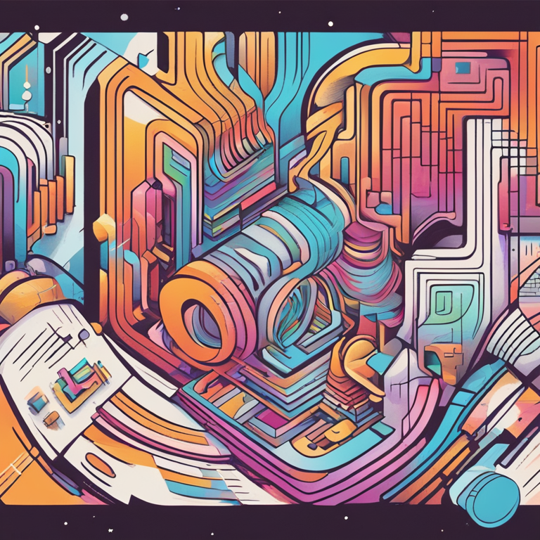 A hand-drawn digital illustration, Artstation HQ, beautifully marrying the complex world of SOLID principles and design patterns in PHP, presented as an intricate dance of abstract shapes and vibrant colors, digital art vividly symbolizing the harmonious interaction between robust programming fundamentals and creative software design, trending on Artstation, captivating the essence of software architecture.