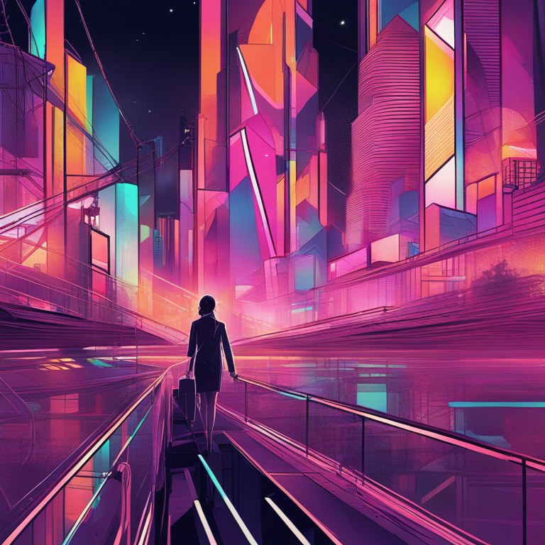 A hand-drawn digital illustration, Artstation HQ, capturing the essence of Freelance in IT in abstract, designed for a fashion magazine publication. Think electrifying, neon tones intersecting with the raw spirit of independence, emanating from a screen pouring into a night-time cityscape, transforming the mundane into a realm of endless possibilities, digital art.