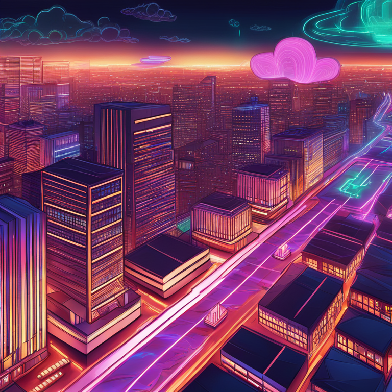 A hand-drawn digital illustration, Artstation HQ, capturing the interaction between Laravel and cloud services in a futuristic cityscape. Bright neon lights and abstract shapes intertwine, symbolizing high-speed data exchange and innovative solutions in the digital realm. This illustration conjures an image of seamless integration and boundless possibilities, reflective of Laravel's adaptability and cloud computing's vast potential.