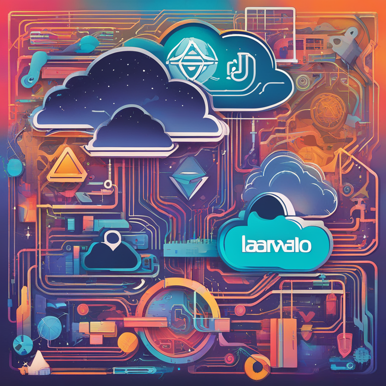 A hand-drawn digital illustration, Artstation HQ, depicting a harmonious yet complex montage of Laravel and cloud services elements, seamlessly interwoven, symbolizing their intertwined nature in overcoming integration challenges. This art piece captures the essence of innovation through a fusion of abstract and technologically themed visuals, showcasing vibrant colors and dynamic shapes, designed to inspire and elevate the understanding of Laravel's role in the digital ecosystem.