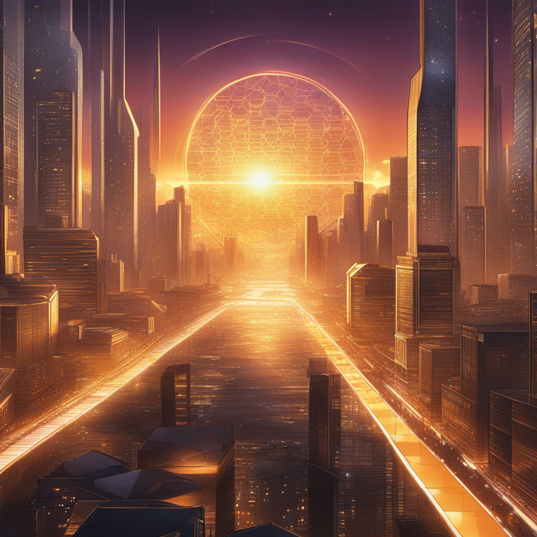 A hand-drawn digital illustration, Artstation HQ, revealing a futuristic cityscape under the hexagonal, golden glow of a Solana blockchain sun, symbolizing the dawn of decentralized empires in 2040. Imagine intricate, delicate lines portraying advanced technology and diversity in unity, encapsulating the essence of a digital utopia, designed for visionary thinkers.