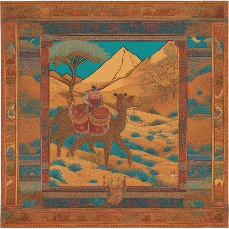 A rich, vibrant tapestry unfurling across the ages, this hand-drawn digital illustration evokes the Silk Road's bustling markets and diverse cultural exchanges. Imagine camels silhouetted against a setting sun, merchants haggling over silk and spices, all rendered in a stunning, abstract Artstation HQ style that bridges past and present, designed for a fashion magazine publication. A feast for the eyes and the imagination, blending reality with digital art fantasy.