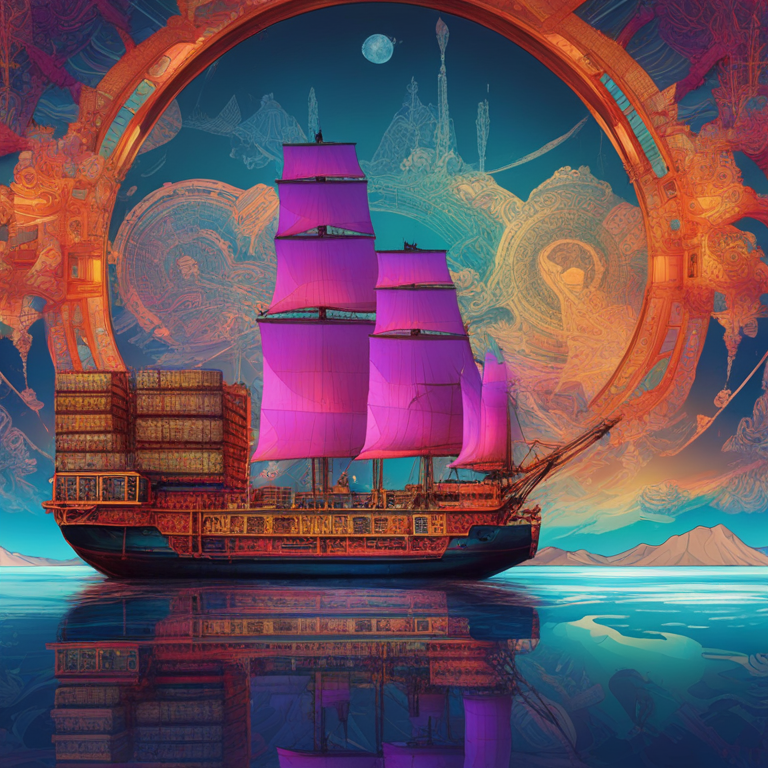 A stunning digital art fusion capturing the transition from ancient caravan routes to modern shipping lanes, designed for a fashion magazine. Picture a dramatic, abstract backdrop where ancient and modern worlds collide in a kaleidoscope of colors—camels and cargo ships, silk and shipping containers, all blending into an intricate, hand-drawn digital illustration by Artstation HQ. This artwork paints a vivid picture of trade's evolution, from the Silk Road to the digital age.