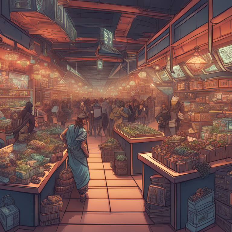 A hand-drawn digital illustration, Artstation HQ style, depicting the modern digital bazaar as a lively and chaotic marketplace, infused with characters representing different challenges and opportunities in e-commerce, such as cybersecurity knights and innovation magicians, set against a surreal background that mixes ancient Silk Road aesthetics with futuristic digital landscapes.