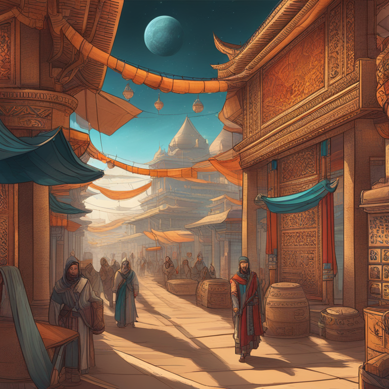 A hand-drawn digital illustration, Artstation HQ, seamlessly blending ancient Silk Road scenes with futuristic digital marketplaces, symbolizing the enduring blueprint the ancient trade routes provide for the future of global commerce, designed to captivate and enlighten the viewer while bolstering SEO.