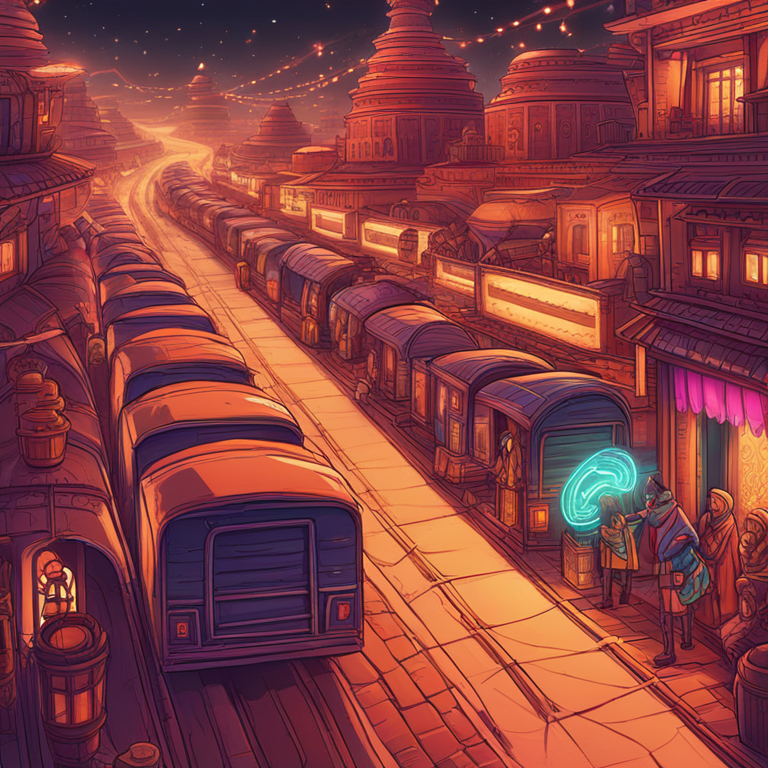 A mesmerizing, hand-drawn digital illustration, Artstation HQ style, capturing the seamless journey from the ancient caravans of the Silk Road to the futuristic highways of digital commerce. This artwork, designed to spark imagination and enhance SEO, features a spectacular fusion of historic trade scenes morphing into digital marketplaces, where the glow of the ancient torches meets the neon lights of the digital age, encapsulating the unbroken chain of trade evolution in a vibrant display.