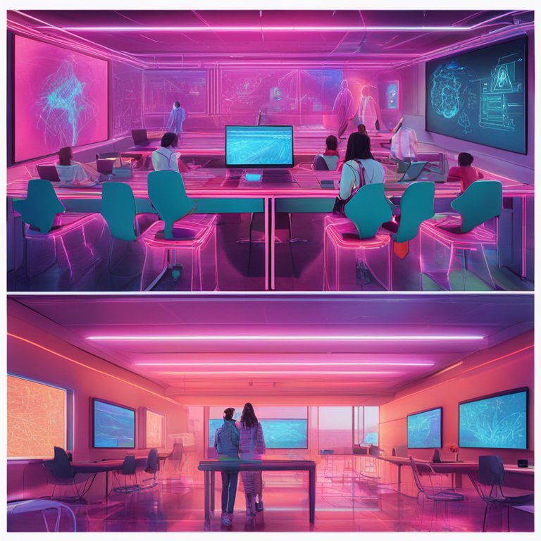 Imagery for a new era: A hand-drawn digital illustration, Artstation HQ, vibrantly depicts a futuristic classroom where humans and AI collaborate. This digital masterpiece, suitable for a visionary fashion magazine, showcases interactive holograms and AI tutors, symbolizing the fusion of technology and human potential in education. The artwork, rich in colors and emotions, captures the essence of innovative learning environments, encouraging a leap into the possibilities of AI-enhanced education and workforce development.