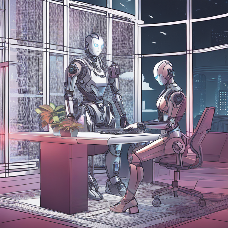 A hand-drawn digital illustration, Artstation HQ, capturing the complex web of ethical considerations surrounding AI in the workplace, where humanoid robots and humans interact in a futuristic, yet ethically ambiguous setting. This visually rich digital art piece, ideal for an avant-garde fashion magazine, uses shadows and light to symbolize the moral dilemmas and responsibilities we face in integrating AI, enhancing both the visual and SEO impact of the section.