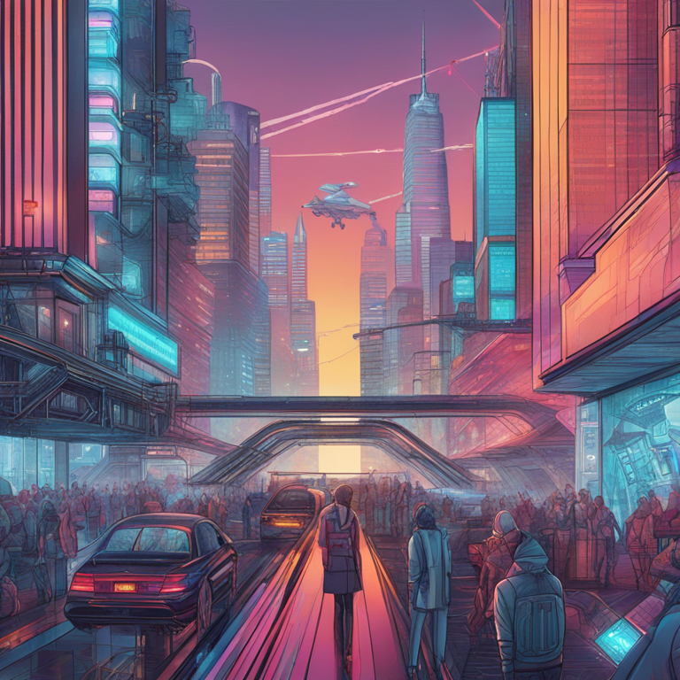 A captivating hand-drawn digital illustration, Artstation HQ, depicting the journey towards a balanced future with AI integration in the workforce. The artwork features a futuristic cityscape where humans and AI coexist seamlessly, symbolizing the potential for harmony between technology and human values. Designed to intrigue and inspire, this piece for a pioneering fashion magazine draws viewers in with its intricate details and vibrant colors, effectively embodying the visions of an inclusive and mutually beneficial future of work.