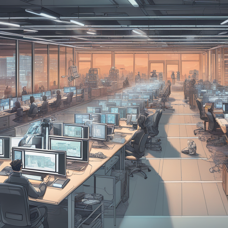 A hand-drawn digital illustration, Artstation HQ, capturing the dynamic interplay between human workers and AI technologies, showcasing a futuristic yet familiar workplace inundated with AI assistants, robots, and holographic projectors. This illustration, designed to enrich the visual allure and SEO of the article, envisions a workplace where technology and humanity seamlessly converge, enhancing productivity and creativity.