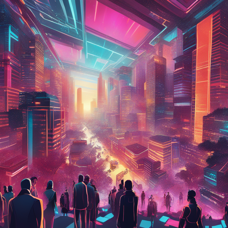 A mesmerizing hand-drawn digital illustration, Artstation HQ, illustrating a utopian view where humans and artificial intelligence converge to shape the future of work. The artwork is a digital art phenomenon, with elements of futurism and abstract expressionism, light and shadow play to depict hope and caution, brimming with rich, compelling colors, fitting for a visionary fashion magazine's interpretation of AI's multifaceted impact on work.