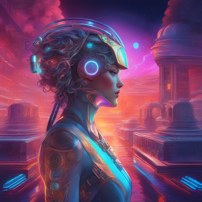 A mesmerizing, hand-drawn digital illustration, Artstation HQ, featuring the dawn of AI amidst the traditional art scene, showcasing a vivid and surreal interaction between classical and futuristic elements, characterized by radiant, electrifying hues mingling with the timeless elegance of classical art, reflecting the groundbreaking convergence of human creativity and machine intelligence in the modern art world.