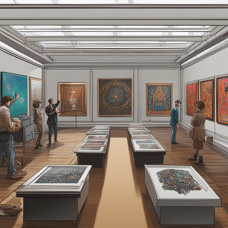 A sophisticated, hand-drawn digital illustration, Artstation HQ, capturing the evolving dynamics of the art market amidst the emergence of AI-generated art. This image portrays an auction room where digital and traditional artworks coexist, illustrating the fluctuating intrigue and skepticism among collectors and critics. Amidst the vibrancy of competing art forms, the essence of value, authenticity, and innovation is debated, symbolizing the transformative impact AI is having on the traditional art market landscape.