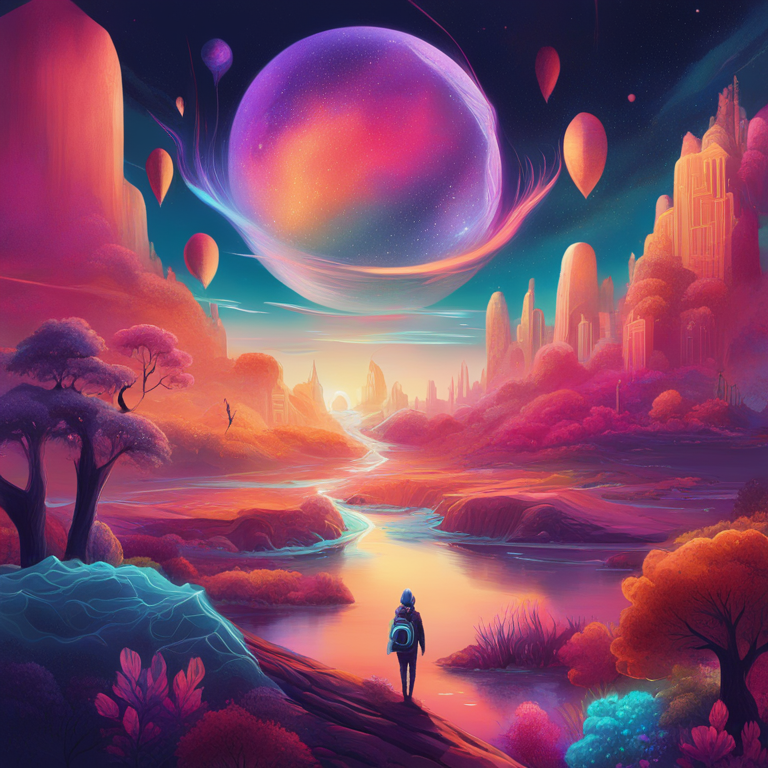 A hand-drawn digital illustration, Artstation HQ, creatively capturing the concept of Artificial Intuition in the realm of art, showcasing a cosmic blend of abstract shapes and surreal landscapes, mingled with vivid, dream-like colors to represent the unfathomable depth of AI's potential artistry.