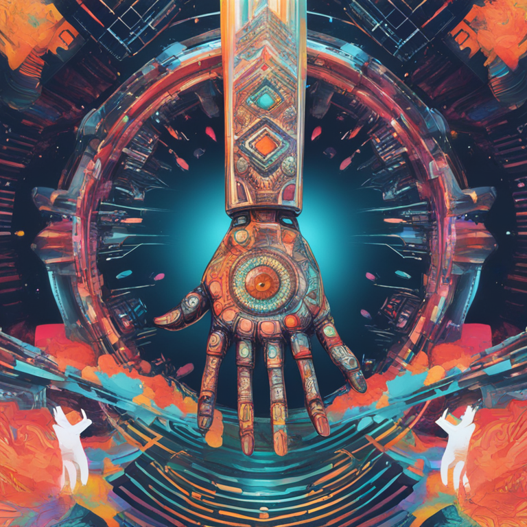 A captivating, hand-drawn digital illustration, Artstation HQ, digital art, encapsulating the future of art synthesis between human creativity and AI. This visually stunning piece showcases a symbolic handshake between a human hand and a robotic arm, surrounded by a kaleidoscope of abstract, digital patterns and vibrant splashes of paint, symbolizing the harmonious future of artistic collaboration, inspired by trending designs on Artstation.