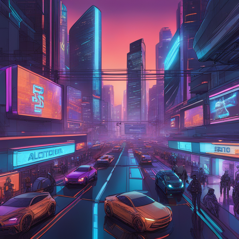 A vivid, dynamic hand-drawn digital illustration, Artstation HQ, showcasing a futuristic cityscape with drones, AI robots patrolling the streets, and holographic data screens, blending neon-lit sci-fi aesthetics with grounded, professional insights into policing technologies. This piece aims to mirror the innovative yet contentious intersection of artificial intelligence and law enforcement, inviting readers into a narrative that is as visually captivating as it is cerebrally stimulating.