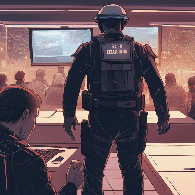 A mesmerizing, hand-drawn digital illustration, Artstation HQ, offering a deep dive into the real-world implications of AI in policing through an artist's lens. The image blends scenes of AI-driven encounters in law enforcement, from facial recognition misidentifications to predictive policing protests, with a backdrop of a society wrestling with the ethical dimensions of these technologies. Each figure and element intricately woven into a narrative tableau that invites reflection on the human impact of AI's march through the institutions of justice.