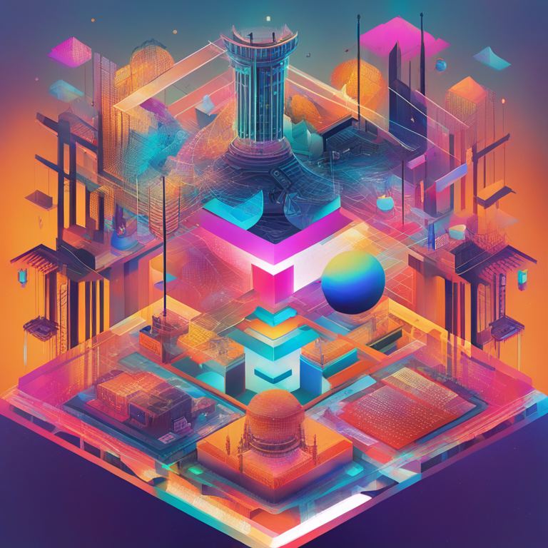 An abstract, thought-provoking digital artwork, hand-drawn and curated for Artstation HQ, visualizing the complex landscape of legal and ethical frameworks surrounding AI in law enforcement. The composition juxtaposes iconic symbols of justice, like scales and gavels, with futuristic elements of AI technology, such as neural networks and digital code, in a kaleidoscope of vibrant colors and shapes. This visual metaphor aims to capture the immense challenge and urgency of crafting laws and guidelines that both harness AI's potential and safeguard our most cherished human rights.