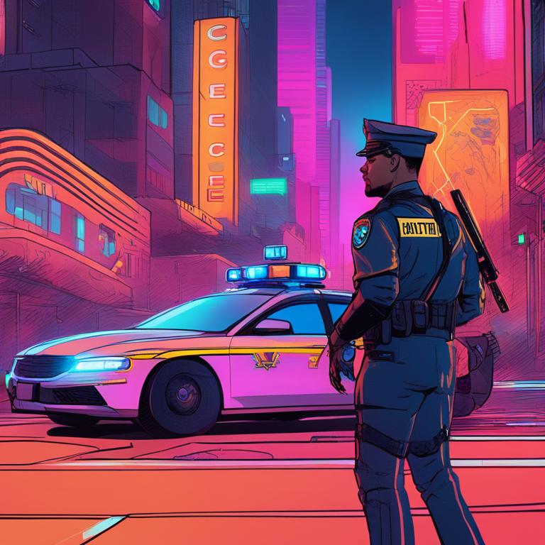 A hand-drawn digital illustration, Artstation HQ, digital art portraying the closing scene of a grand narrative on AI in law enforcement, featuring a futuristic Officer Reason and his sidekick Algorithm, standing at the crossroads of innovation and ethics, under the glowing neon skies of decision-making. The vivid, abstract backdrop merges symbols of justice and technology - scales entwined with binary codes, pointing towards the ambiguous horizon of the future, inviting viewers on a thought-provoking journey at the intersection of law, technology, and morality.