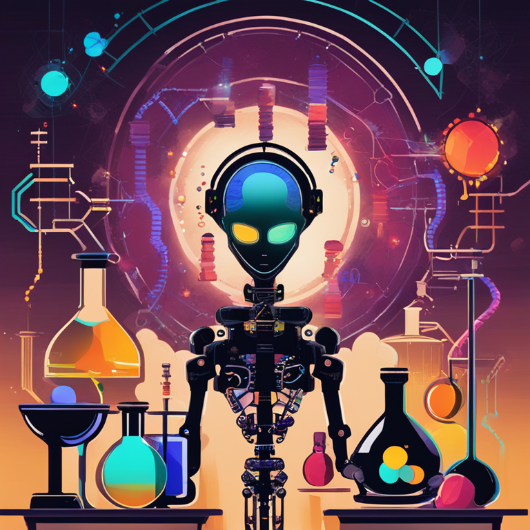 A vibrant fusion of science and art, showcasing Artificial Intelligence as the new alchemist in the lab of life extension technologies. Rich colors dance around the silhouette of a humanoid robot examining the DNA helix, symbolizing AI's pivotal role in unraveling the mysteries of aging. This hand-drawn digital illustration, inspired by Artstation HQ digital art, aims to encapsulate the marriage of biology and technology, setting a dramatic and insightful stage for the potential of AI in the quest for immortality.