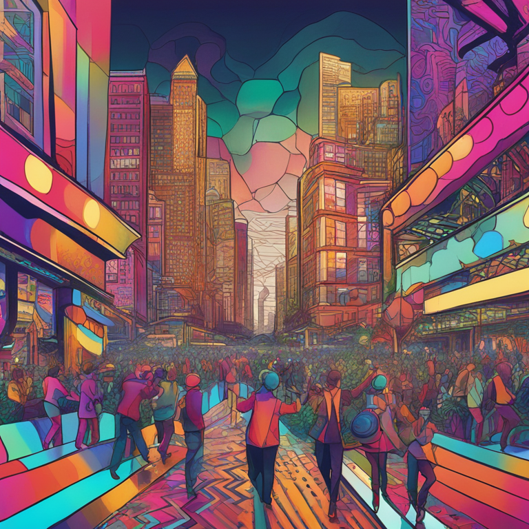 A hand-drawn digital illustration, Artstation HQ, capturing the intricate dance of societal evolution and the ripple effects on the economy as we venture into the era of prolonged life expectancies. The image melds abstract human figures within an ever-expanding cityscape, underscored by a kaleidoscope of colors symbolizing diversity and change, aiming to visually narrate the complex interplay between society, economy, and the quest for immortality.