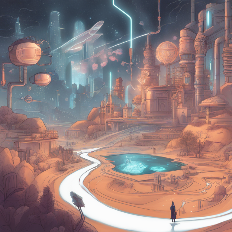 A hand-drawn digital illustration, Artstation HQ, digital art, showcasing the fusion of artificial intelligence and human ambition in the noble quest towards immortality, featuring whimsical yet profound depictions of humans and AI robots celebrating their co-created future, within a surreal landscape that blurs the lines between reality and the digital realm, invoking feelings of curiosity, hope, and the infinite potential of technology and humanity intertwined