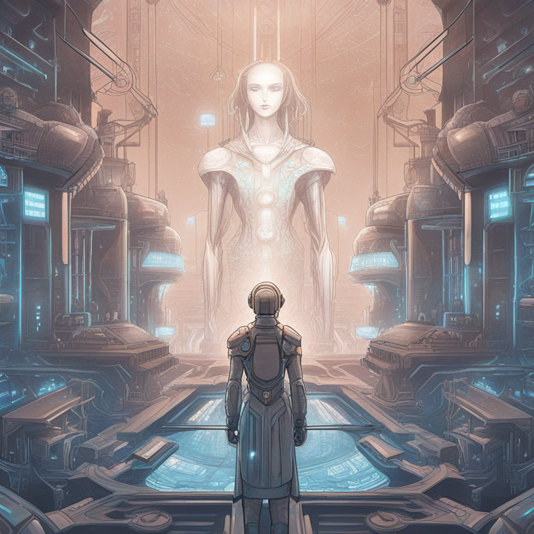 A hand-drawn digital illustration, Artstation HQ, creatively embodying the concept of ethical AI seamlessly melding with the complex journey toward immortality, featuring ethereal figures holding scales, balancing technology and human values amidst a futuristic setting. This image, resonating with the themes of ethics, balance, and futuristic aspirations, aims to provoke deeper thought on integrating AI in life extension technologies.