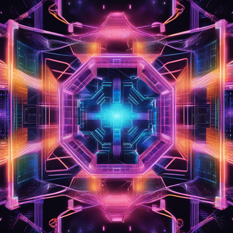 An abstract, digital art representation of modern laboratories and data centers converging, illustrated with a kaleidoscope of neon lights against a backdrop of deep space. Each light represents a research project in AI and Quantum Computing, interconnected with flowing, luminous data streams. This hand-drawn digital spectacle, envisioned for the glossy pages of a high-end fashion magazine, visually narrates the ongoing pioneering efforts in research and development, as seen through the lens of Artstation HQ’s digital artistry.