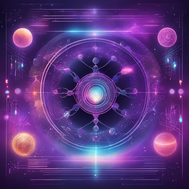 A hand-drawn digital illustration, Artstation HQ, captures the ethereal climax of our technological saga, depicting AI and Quantum Computing as cosmic entities joining forces in a celestial dance. This stunning digital art showcases a whirlwind of quantum particles and AI algorithms, spiraling together in a vibrant galaxy, symbolizing the boundless potential and revolutionary impact of their fusion. Shades of cosmic purples, electrifying blues, and radiant golds dominate the scene, showcasing the beauty and power of this union, envisioned for the forward-looking pages of a high-fashion tech magazine.