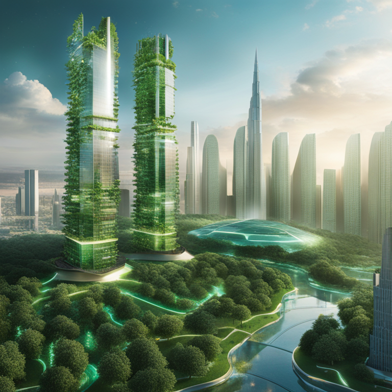 A visionary tableau showcasing a utopian skyline where advanced AI constructs and quantum architectures harmoniously coexist, symbolizing the optimistic future of their integration. Skyscrapers adorned with dynamic quantum circuit patterns tower over verdant, AI-optimized green spaces. This digital masterpiece, intended for the connoisseurs of a future-forward fashion magazine, encapsulates the pinnacle of human ingenuity as seen through the imaginative lens of Artstation HQ. It’s a world where the frontiers of technology expand towards the heavens, painted in hopeful shades of dawn, hinting at the limitless potential awaiting mankind.