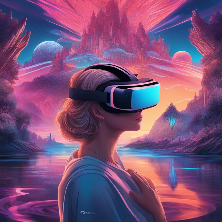 A mesmerizing, hand-drawn digital illustration, Artstation HQ, depicting the enchanting allure of virtual reality worlds blending with the human psyche. Visualize vibrant, otherworldly landscapes intersecting real human emotions, a perfect visual metaphor for the immersive experience of VR, ideal for a thought-provoking feature in a cutting-edge fashion magazine.