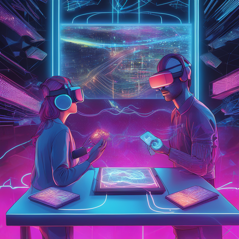 A vivid, hand-drawn digital illustration, Artstation HQ, depicting the vibrant intersection of virtual reality and human cognition. Imagine a brain made of digital networks illuminated from within by neon lights of knowledge, symbolizing the profound impact of VR on learning, memory, and spatial awareness, crafted for an insightful spread in a sophisticate's fashion magazine.