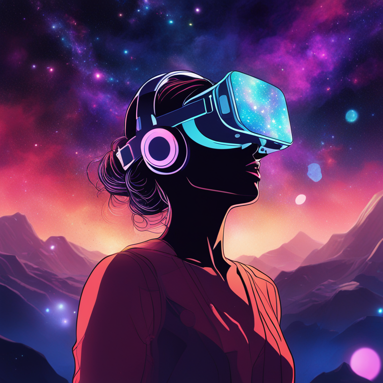 An imaginative, hand-drawn digital illustration, Artstation HQ, capturing the emotional depth and social dynamics within virtual reality environments. Picture a human silhouette filled with a universe of interconnected stars, representing empathy and social networks woven through VR, crafted with vibrant colors and ethereal beauty for a thought-leading article in a high-end fashion magazine.