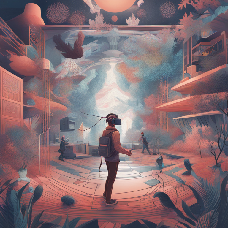 A captivating, hand-drawn digital illustration, Artstation HQ, weaving together the various psychological aspects of Virtual Reality explored throughout the article. The artwork presents a tapestry of human figures, avatars, and digital landscapes, intertwined with motifs representing identity, social interaction, and cognitive impact. This rich visual narrative, laden with symbolism and abstract beauty, encapsulates the profound and diverse effects of VR on the human mind, making it a compelling closing visual for an in-depth exploration of VR's psychology in an elite publication.