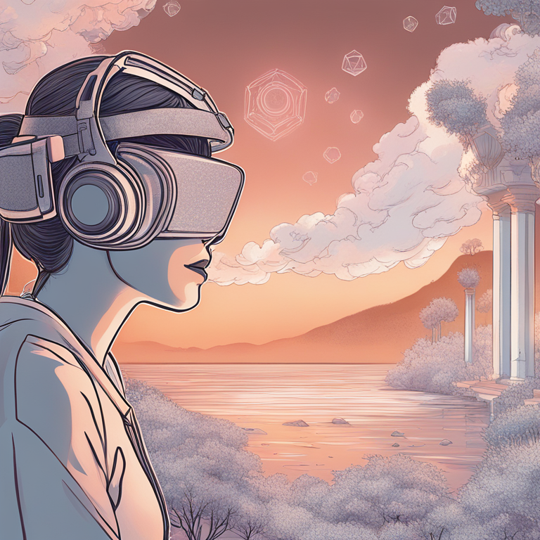 A hand-drawn digital illustration, Artstation HQ, portraying the transformative potential of VR in therapeutic settings, where technology meets human vulnerability. Emphasize the ethereal fusion of digital and organic elements, symbolizing the soothing, healing embrace of VR on the human psyche. Illustrations hint at serene, sublime virtual landscapes offering solace and recovery, complemented by motifs of connectivity and brainwaves, ideal for touching narratives in a flagship health and wellness editorial.